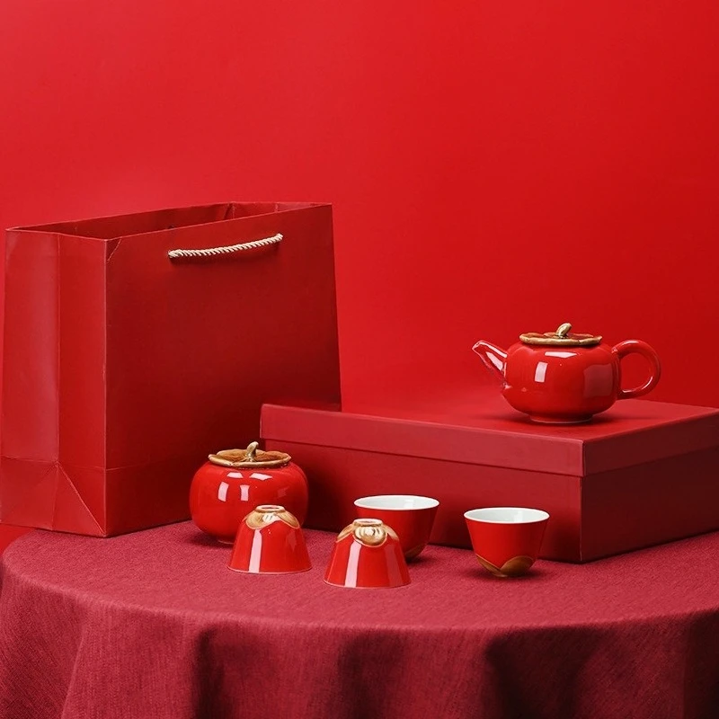 Lucky Persimmon RedTeaSet GiftBox - Chinese Festive Ceramic Tea Ware for Clients Business Gifts & Home DecorationElegant Present