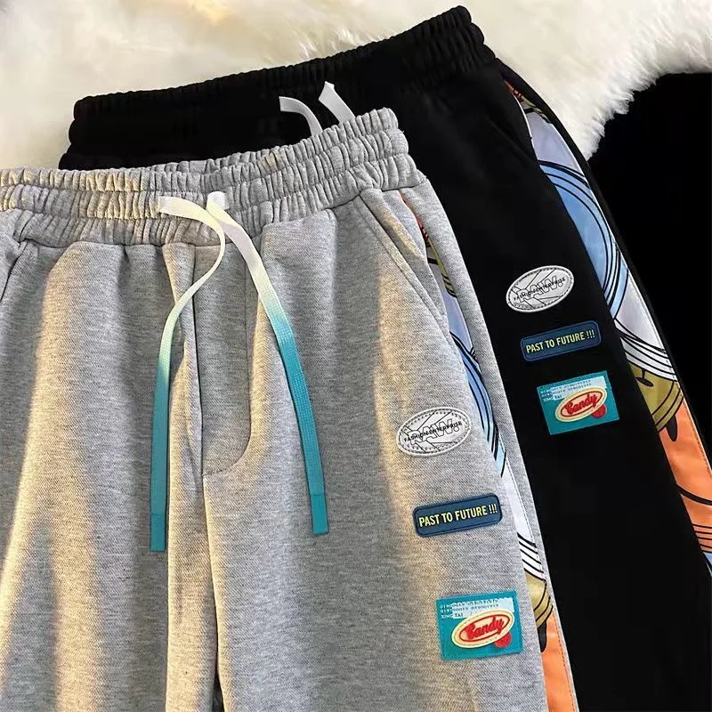 

Ins Gray Side Splicing Print Loose Sweatpants Women Harem Pants Fall Winter Pencil Pants Streetwear High Waisted Pants