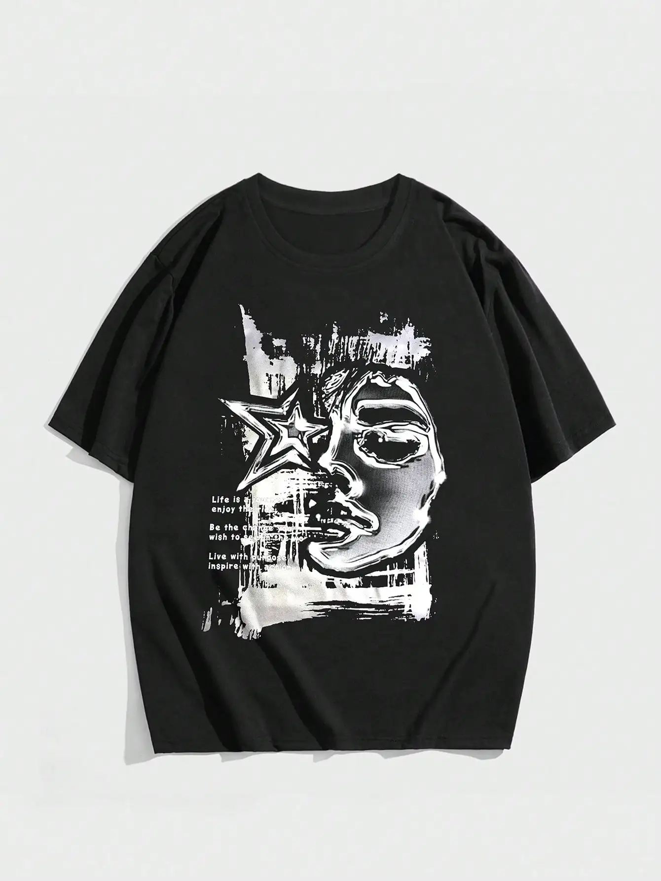 

American retro high-end design touching face star pattern printed short-sleeved T-shirt for men and women summer new couple tops