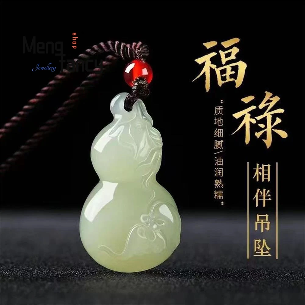 Natural Hetian Green White Jade Gourd Pendant Necklace Jewelry For Fortune And Luck