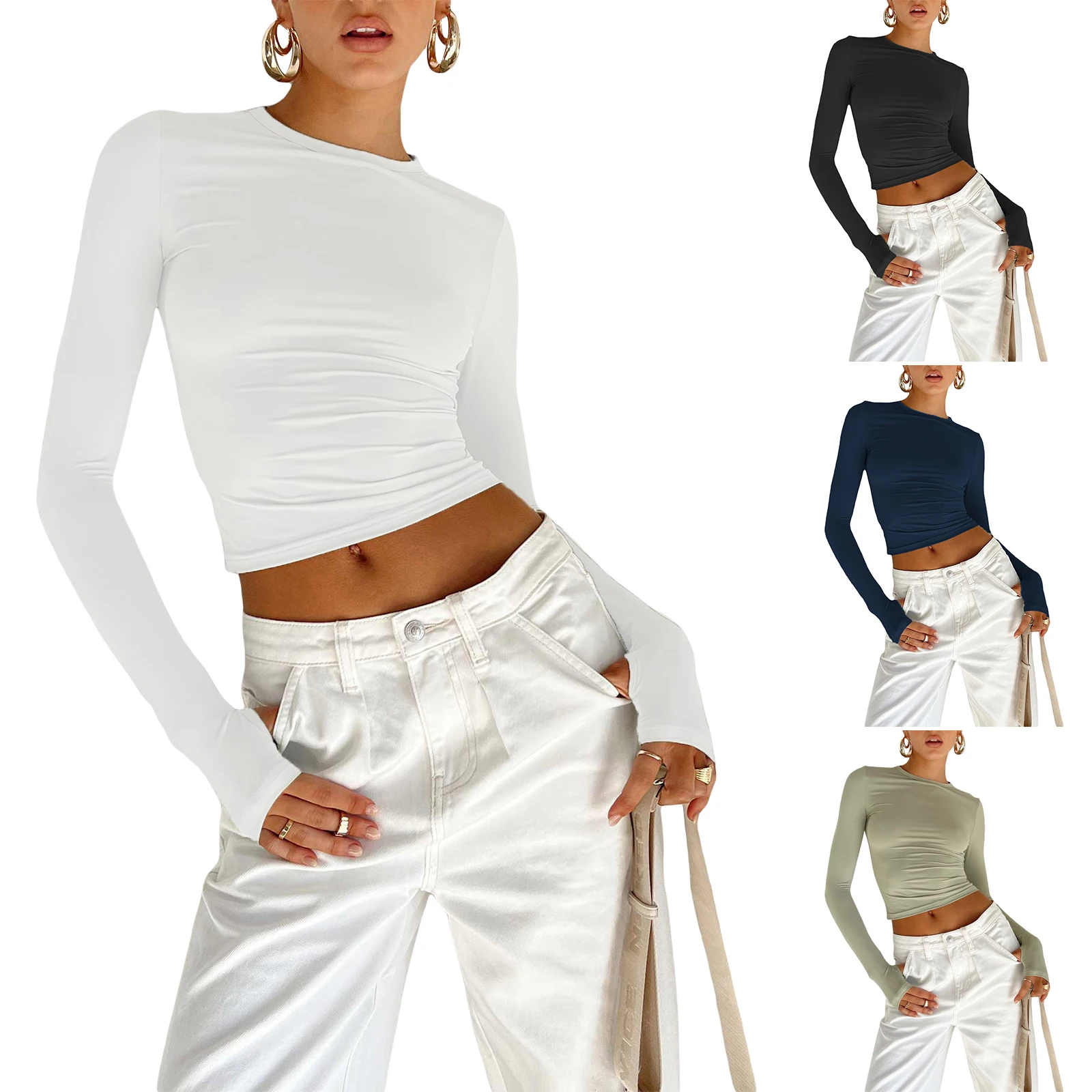 Women Tshirt Long Sleeve Crew Neck Solid Slim Fit Ladies Crop Top With