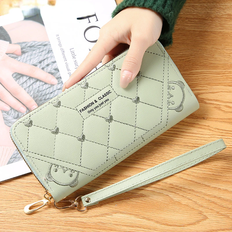 Ladies long pu leather wallet fashion zipper large capacity long card  holder heart-shaped embroidery money bag phone coin wallet