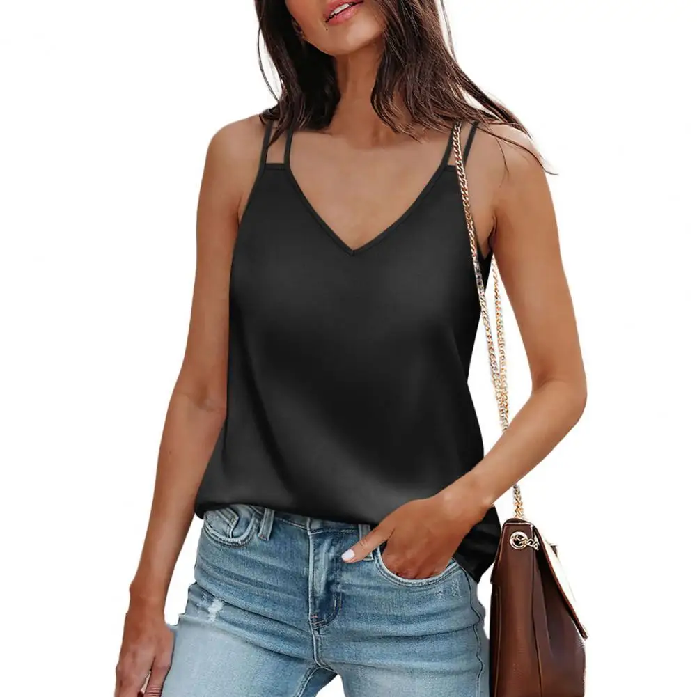 Women Summer Vest V-neck Sleeveless Solid Color Tank Tops Loose Fit Smooth Fabric Camisole Casual Pullover Tops