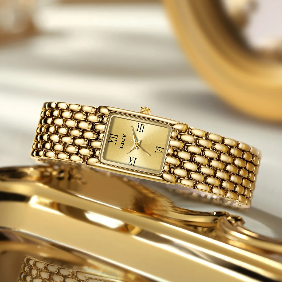 LIGE Gold Watch for Women Square Ladies Quartz Wristwatches Stainless Steel Women Small Gold Watch Luxury Casual Fashion Watch 5