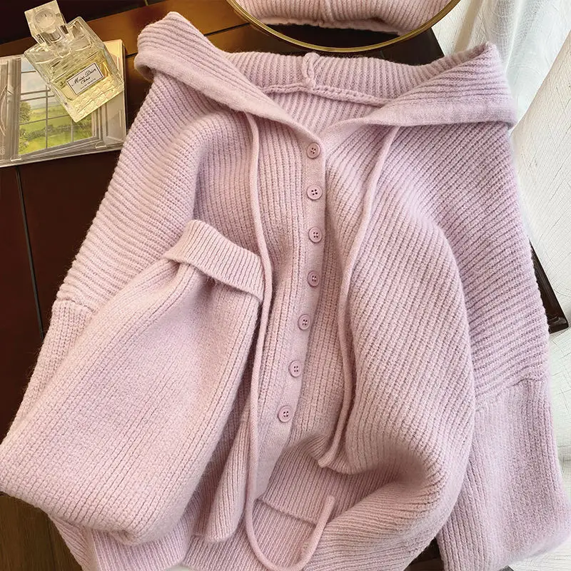 

2023 Autumn/Winter Sweet Academy Hooded Knitted Cardigan Loose and Lazy Short Casual Versatile Sweater Coat