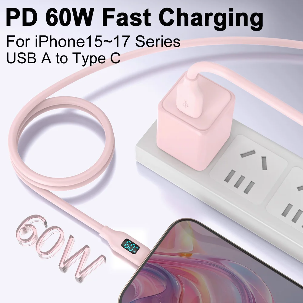 60W 고속 충전 USB A to USB C 케이블, 아이폰 17/16/15 ProMax, 아이패드, 에어팟 및 타입 C 태블릿용 유연한 핑크 실리콘 케이블