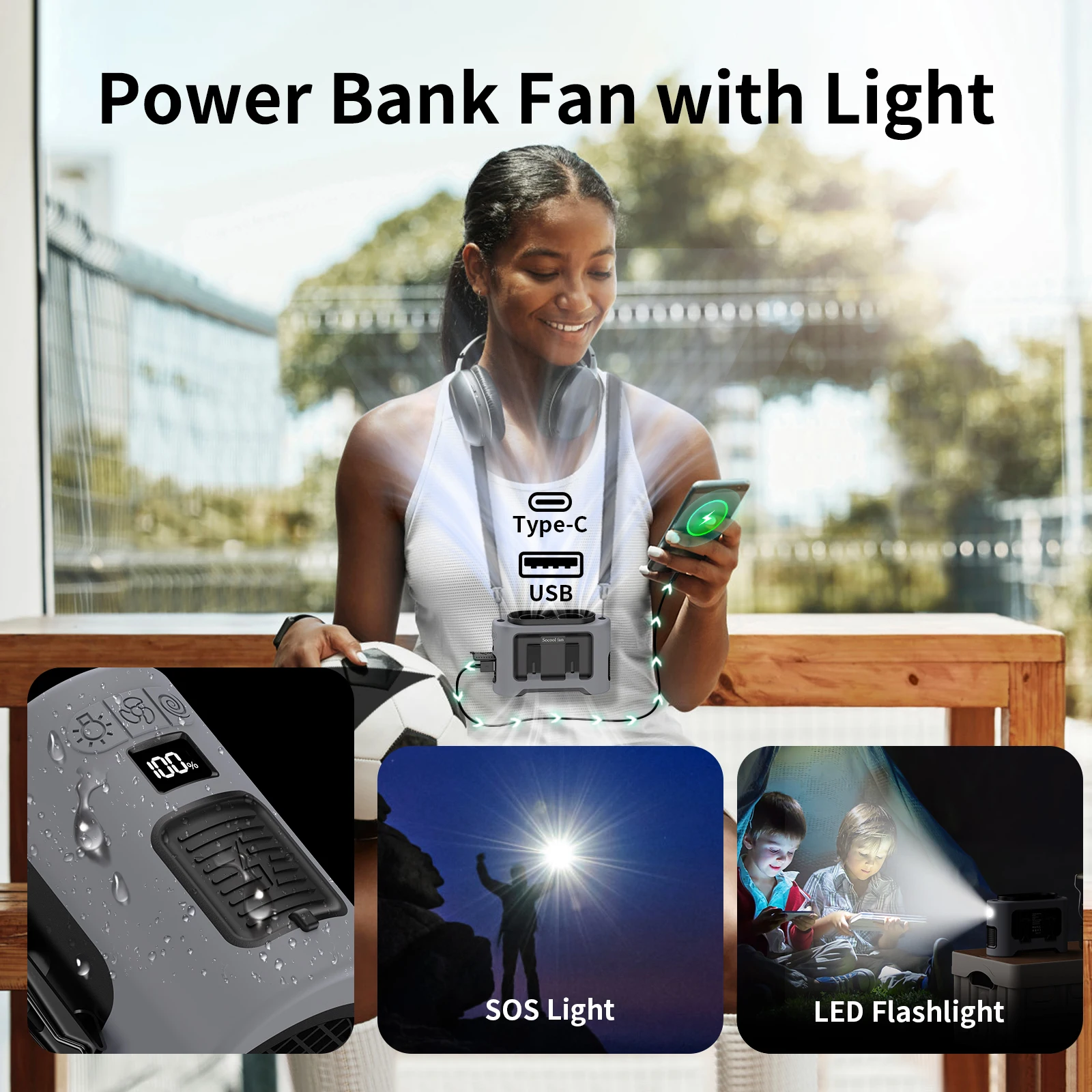 2025 Upgrades Outdoor Portable Waist Fan Hanging Neck Fan 5 Level Strong Wind Power Bank with LED Lighting for Travel Sports handheld fan,neck fan