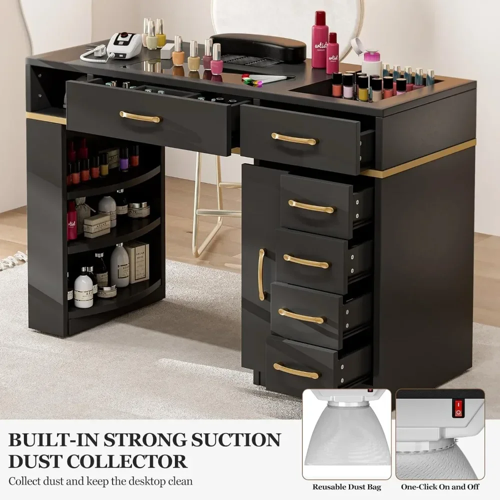 Manicure Table Nail Station for Nail Tech, Glass Top Nail Table Acetone Resistant w/Dust Collector, 7 Drawers & 3-Tier Shelves