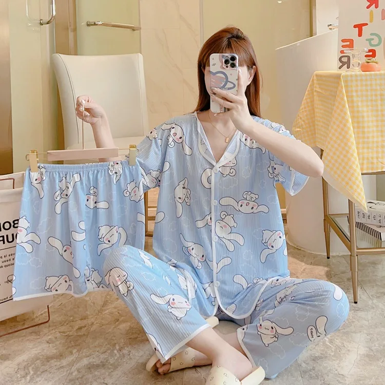 

Anime Kawaii Pajamas Women Summer Short-sleeved Trousers Three-piece Cartoon Loose Pit Milk Silk Pyjamas Women Sleepwear