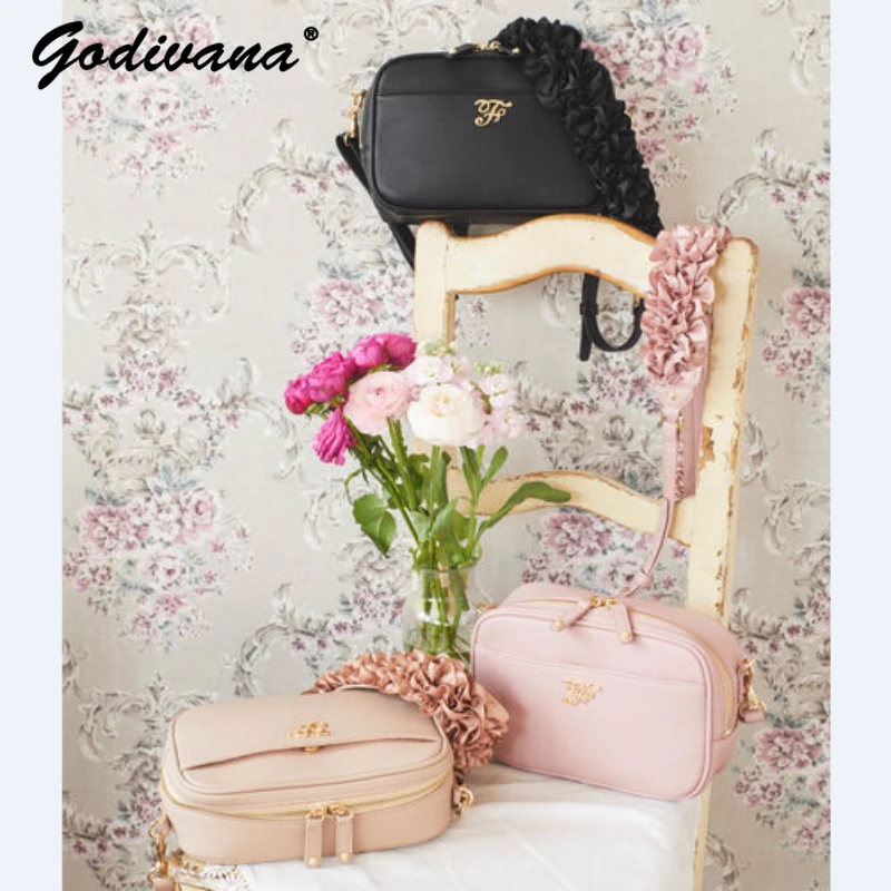 Japanese Style New Letter F Cute Satin Lace Shoulder Strap Crossbody Bag Ladies Small Square Bag Women's Leather Shoulder Bag new adjustable real leather shoulder strap set bag strap for longchamp tote bag punch free crossbody strap transformation