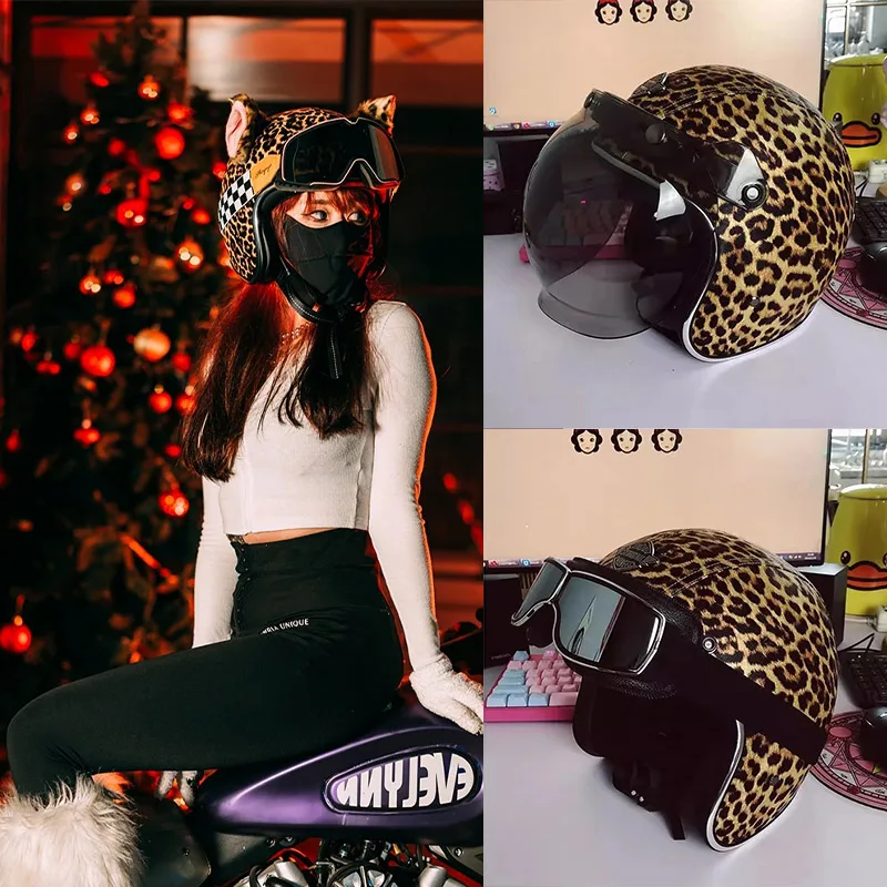 Casco de motocicleta Retro con estampado de leopardo para mujer