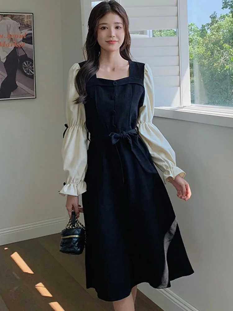 

Женское вельветовое платье во французском стиле, элегантное черное платье составного кроя с пышными рукавами, модель y2k на осень и зиму