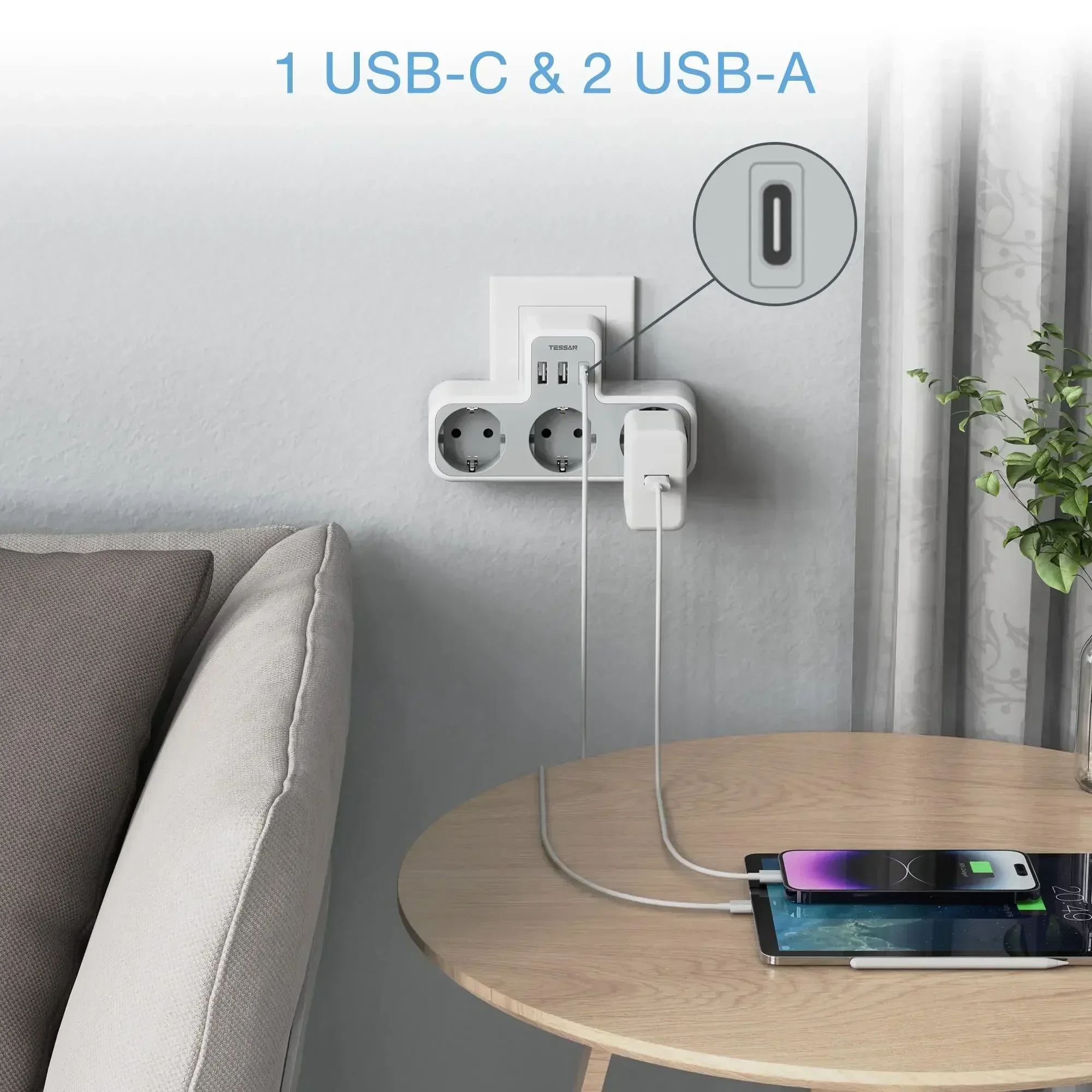 EU Wall Socket Extender 3 AC Outlets 3 USB Ports 5V 2.4A Power Strip Adapter Overload Protection for Home Office Power Strip Plug Adapter Electrical Socket Power Socket Power Plug Adapter Wall Socket Extender