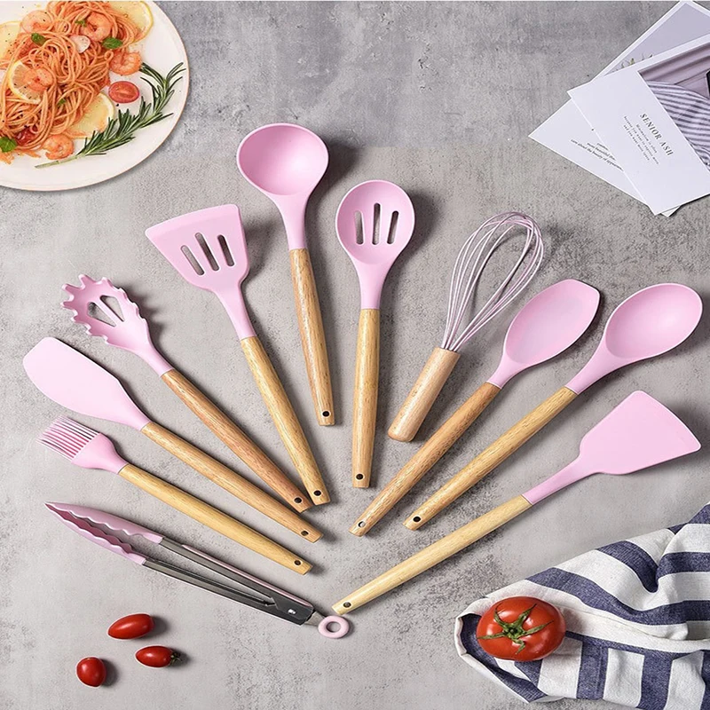 12pcs Heat-Resistant Silicone Kitchen Utensils Set Non-Stick Tools Kitchenware Wooden Handle Kitchen Gadgets for Easy Cooking