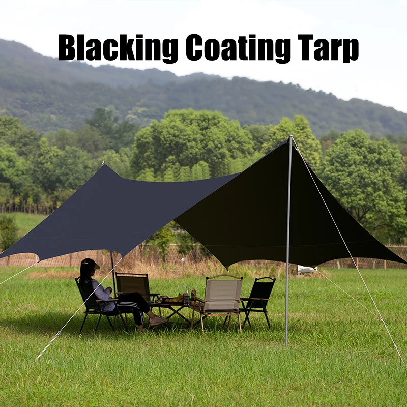 

Outdoor Sun Protection Canopy Black Coating Tarp With Support Poles Large Shade Sail Ultralight Camping Tarp Beach Sun Shelter