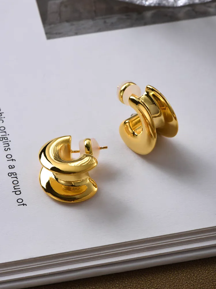 Brass With 18K Rugged CC Stud Earrings Women Jewelry Punk Party T Show Gown Runway Korean Japan INS