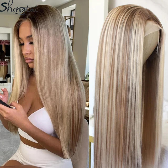 Ash Blonde Straight Lace Front Wig Highlight Wig Ombre Blonde Synthetic Hair Wig Middle Part For Black Women Long Straight Hair 1