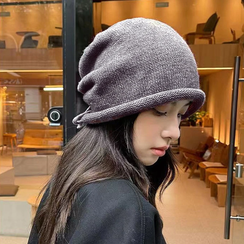 Fashion Drawstring Baggy Slouchy Beanie Bonnet For Women Solid Color Casual Knitted Woolen Skullies Caps