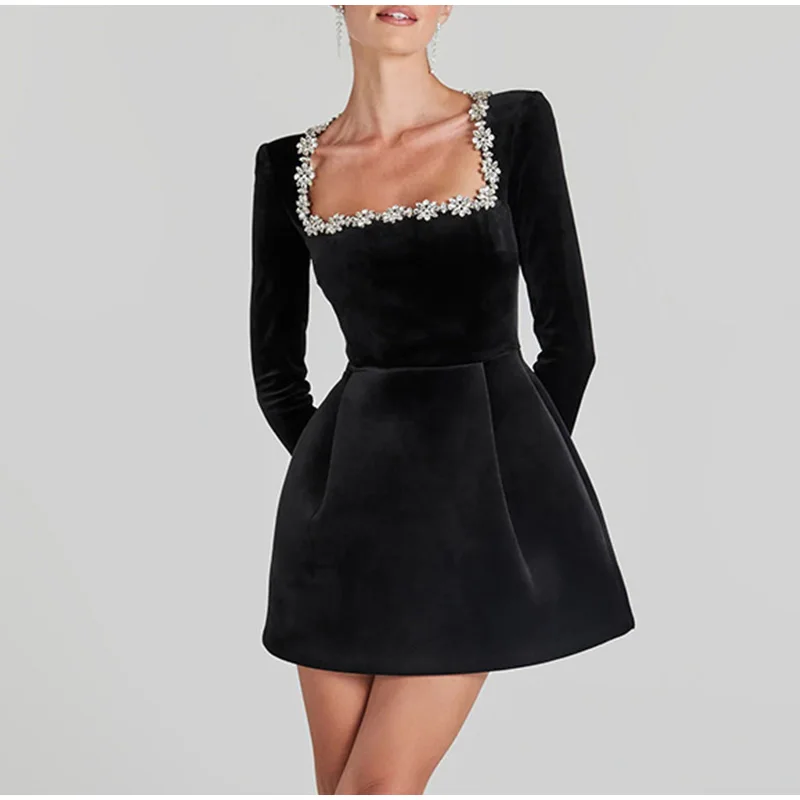 Elegant Rhinestone Decor Velvet Mini Dress Black Square Neck Long Sleeve High Waist A-line Dresses Lady Evening Party Gown