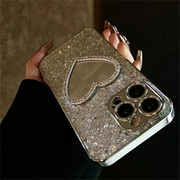 Luxury Bling Glitter Plating 3D Love Heart Mirror Sequins Case For iPhone 17 Air 16 14 15 13 12 11 Pro Max Lens Protection Cover 3