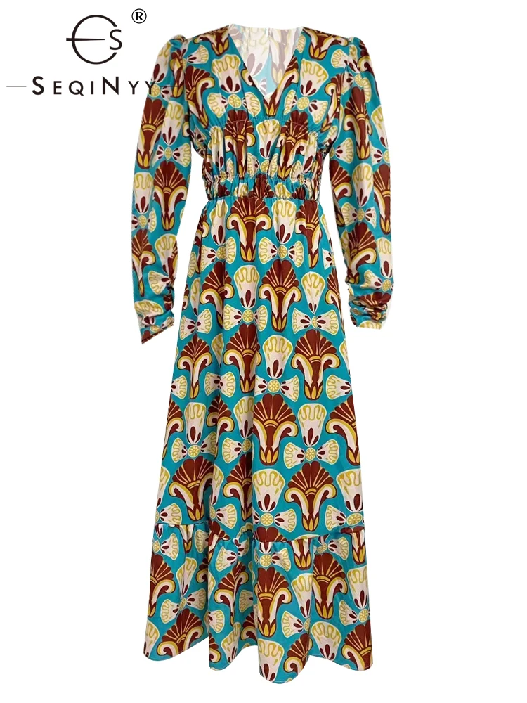 

SEQINYY Casual Midi Dress Summer Spring New Fashion Design Women Runway Vintage Flower Print V-Neck High Street A-Line Holiday