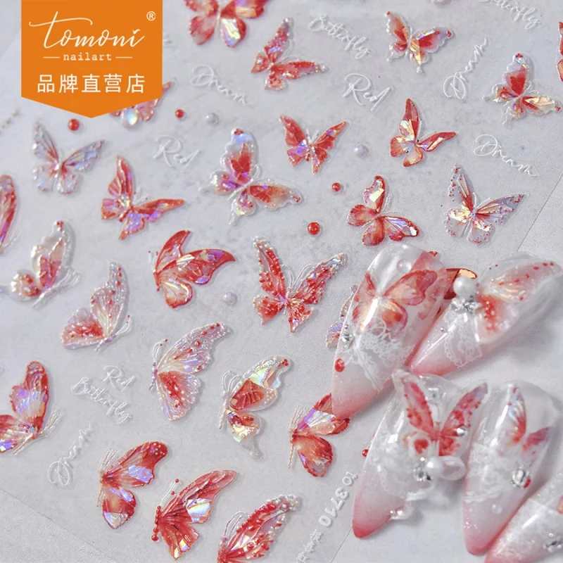 

[Meow.Sensei] Tomoni Relief Nail Stickers Popular Retro Nail Sticker Factory Wholesale Japanese Style Red Sleeve Butterfly 3710