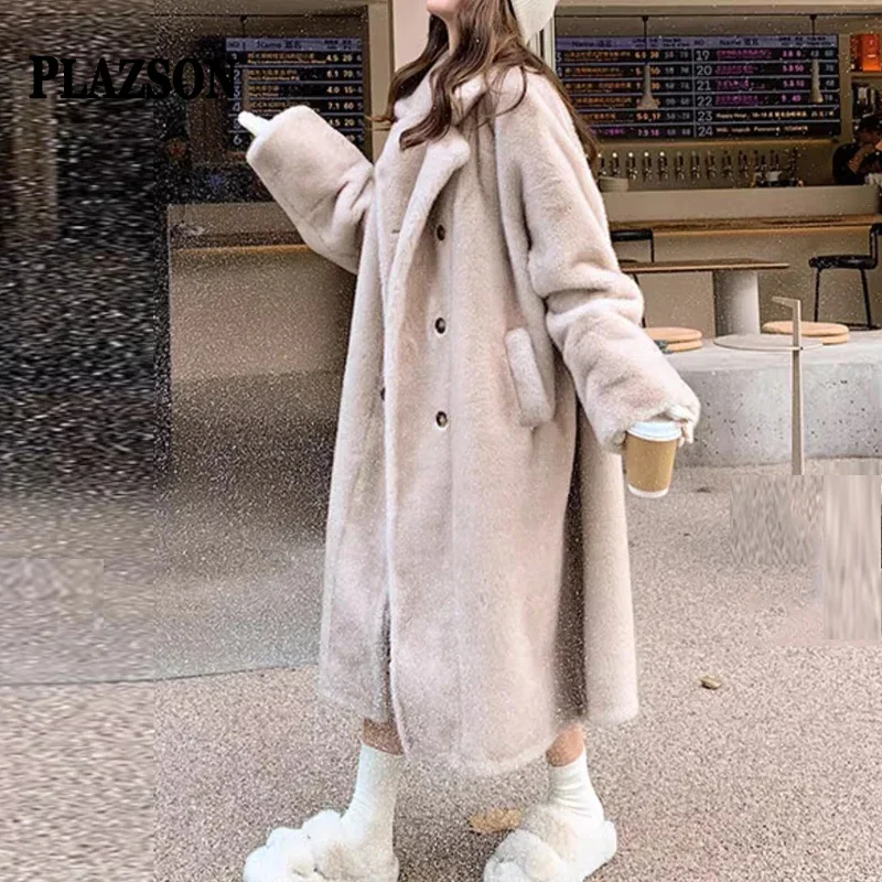 

PLAZSON Autumn Winter Long Thick Faux Fur Coats Women Vintage Long Sleeve Warm Jackets Female Casual Oversized Outwears 2023