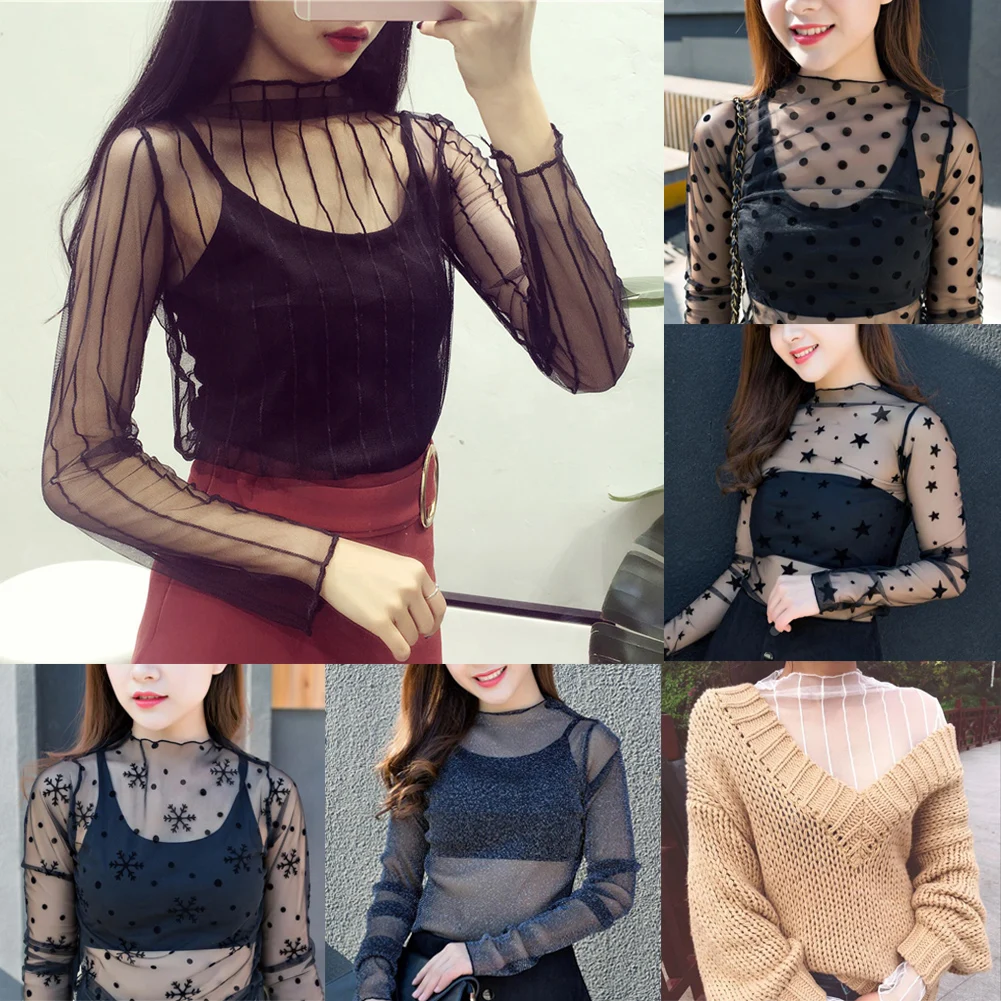 Women Fashion T-Shirts Mesh Sheer Party Long Sleeve Blouses T-Shirt Lady Tops Blusas Elegantes Para Mujer Ropa De Mujer Ofertas