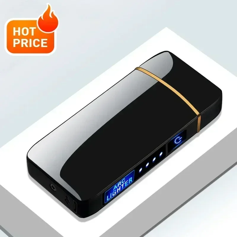 Electric Windproof Metal Lighter Double Arc Flameless Plasma Rechargeable USB Lighter LED Power Display Touch Sensor Lighters electric arc igniter