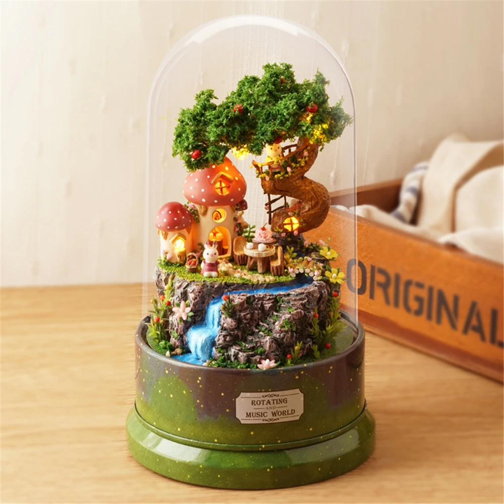 Dollhouse Rotating Music World Music Box DIY Cabin Miniature Construction Model Building Villa Toys Birthday Gift for Children 4