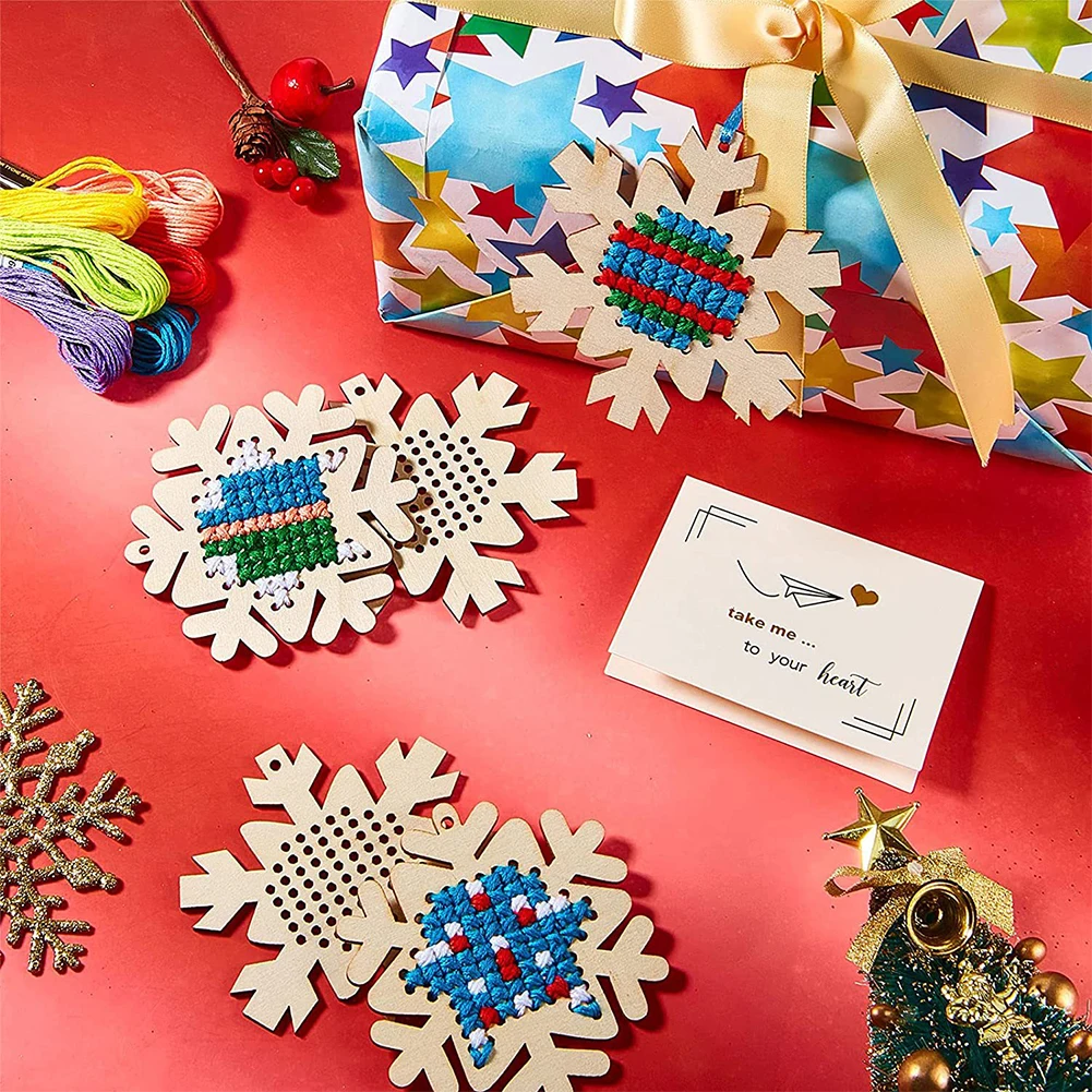 Cross Stitch Hanging Pendant Snowflake DIY Needlework Art Pendant Kit Wooden Ornaments Making Kit for Home Xmas Tree Decor