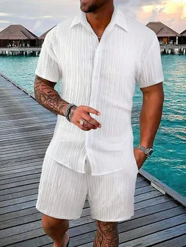 Polo de sport décontracté pour hommes, couleur unie, ample, manches courtes, Short avec cordon de serrage, Cardigan rayé, costume de sport, nouvelle collection printemps et été 1