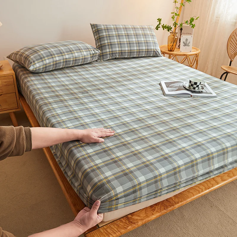 Bonenjoy 1pc Pure Cotton Fitted Sheets Plaid Style Bed Sheet spannbettlaken 90x200 Size Bed Linen for Home(Pillowcase need order 2