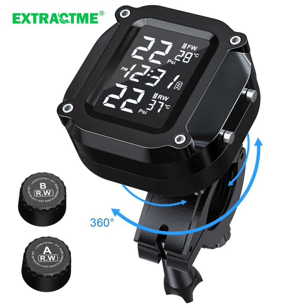 Extractme Wireless TPMS Motorcycle Tyre Temperature Alarm Sensor USB Charging LCD Display Tire Pressure Monitoring System Car Tire Pressure Monitor Motorcycle Tire Pressure Monitor Car Tire Pressure Sensor