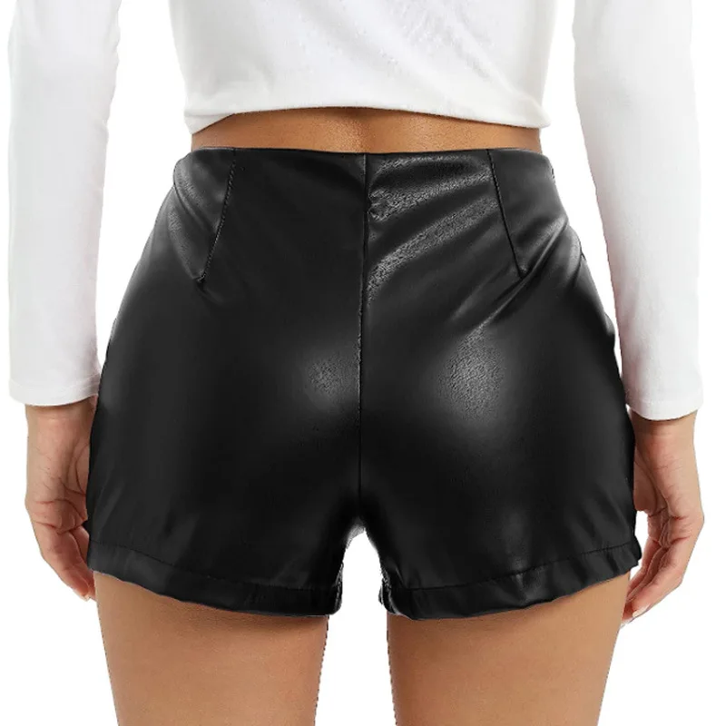 High Waist PU Leather Mini Shorts with Pockets for Women Casual Faux Leather Straight Leg Stretchy Shorts for Female Ladies
