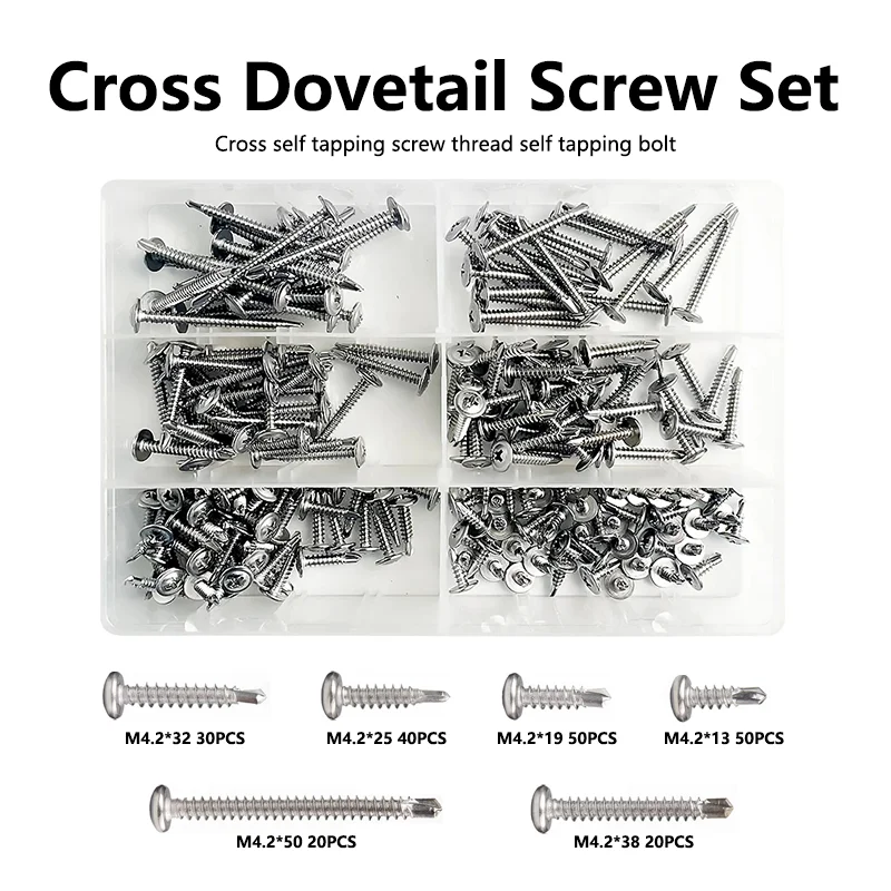 

210pcs/Box M4.2 Dovetail Screw 410 Stainless Steel Countersunk Head Self Drilling Screws Cross Drill Tail Screws