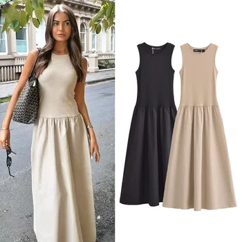 TRAF Khaki Elegant Long Dress 2025 Women's Sleeveless Spring Black Dress Fashion Casual Party Y2k Dress Women's Dresses 1