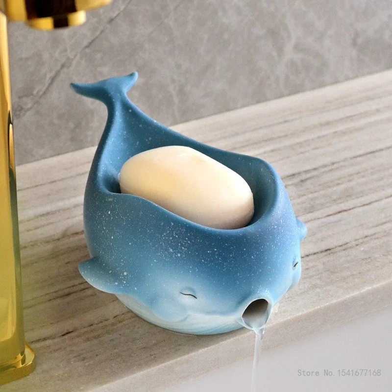 Creative Light Luxury Ceramic Drain Soap Box, Blue Starry Sky Whale Shaped, Home Bathroom Accessories Soap Box Storage Rack, 1Pc