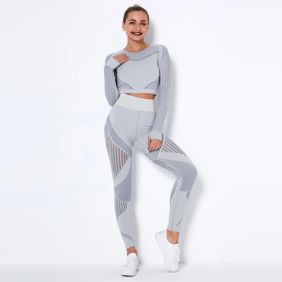 Seamless Hollow Out Cropped Top Gym Set Yoga Long Sleeve Suit Yoga Suit Sports Fitness Running Yoga Pants Female Leggings
