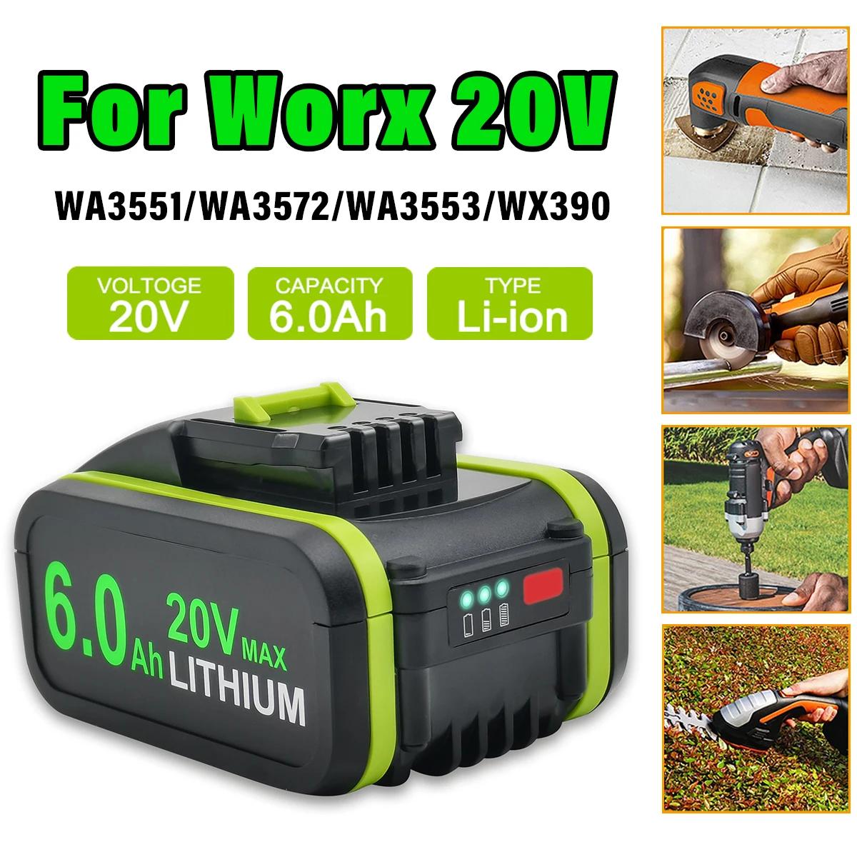 Powtree WA3553/WA3551 for Worx 20V Battery Replacement Li-Ion Cordless Power Tools WA3551 WA3572 WA3553 WX390 WX176 WX178 WU268