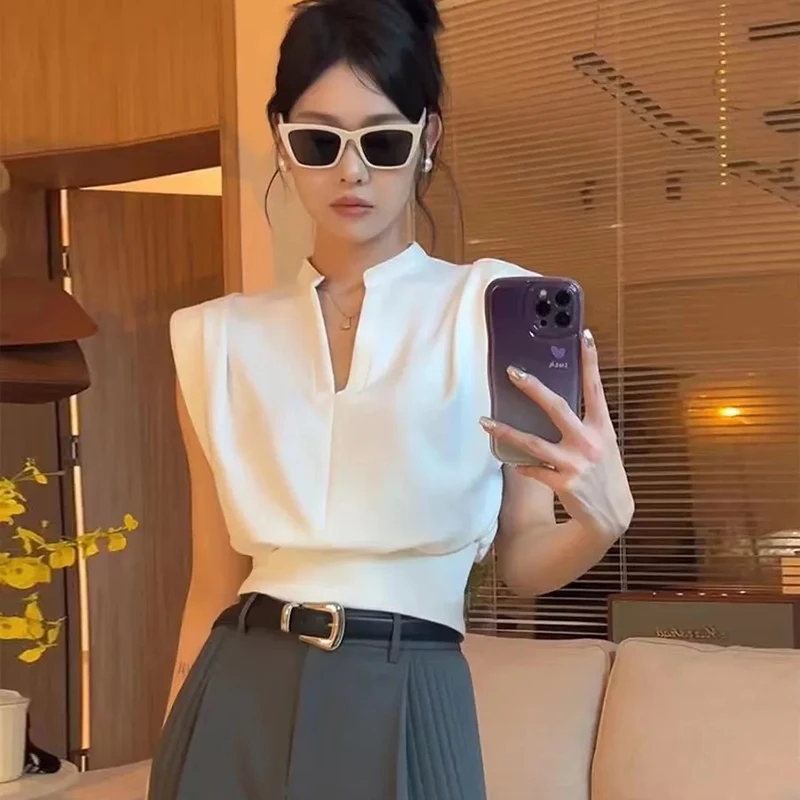 여성용 화이트 우아한 V넥 블라우스, 한국 시크 폴드 민소매 셔츠, 오피스 레이디 캐주얼 올매치 크롭탑, 신상 패션