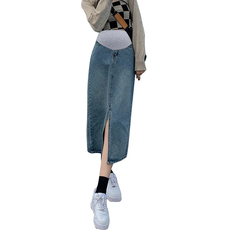 9059# Autumn Korean Fashion Denim Maternity Skirts Side Splits Elastic Waist Belly Clothes for Pregnant Women Casual Pregnancy