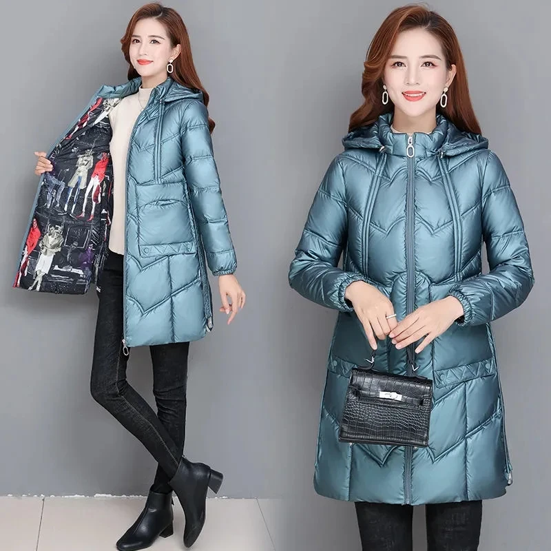 

Down Cotton Jacket Women Large Size Long Disposable Shiny Padded Coat Female 2022 Autumn Winter New Hooded Warm Slim Parkas