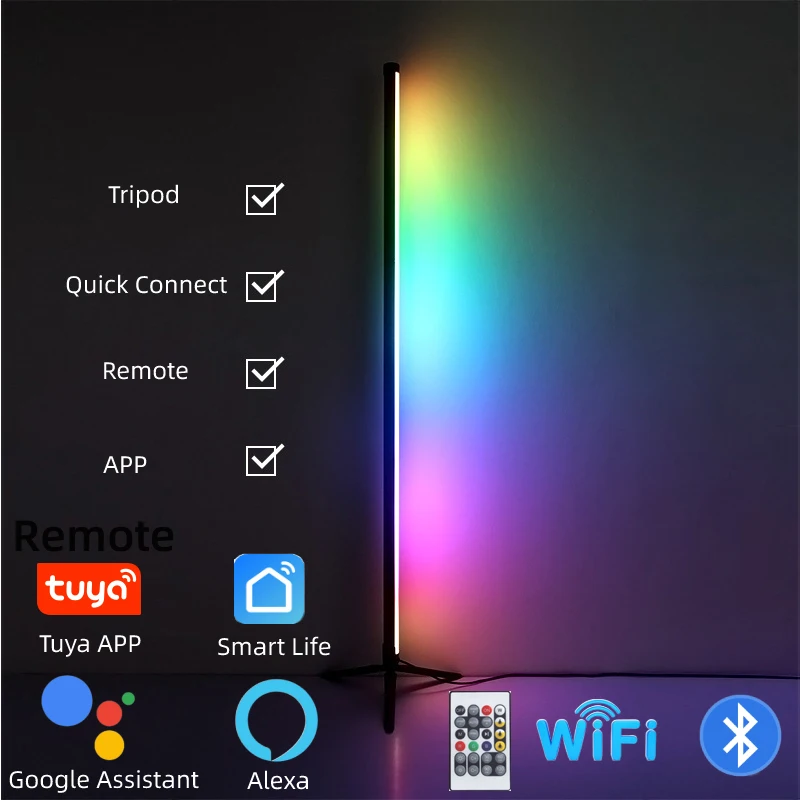

160cm LED Corner Floor Lamp for Living Room Tuya WiFi RGB Music Sync Standing Light Support Yandex Google Home Alexa 5V USB Port
