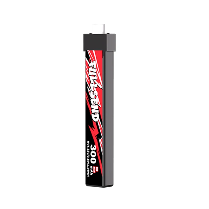 Batterie FULLSEND 1S HV 300mAh 95C posée à côté d'un drone Tiny Whoop, illustrant sa taille adaptée.