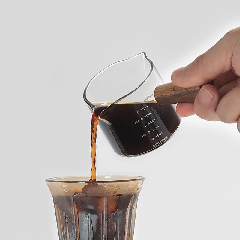 Espresso Measuring Cup 100ml 75ml Double Mouth Wood Handle Supplies Transparent With Scale Heat-resistant Glass Coffee Kitchen measuring cup