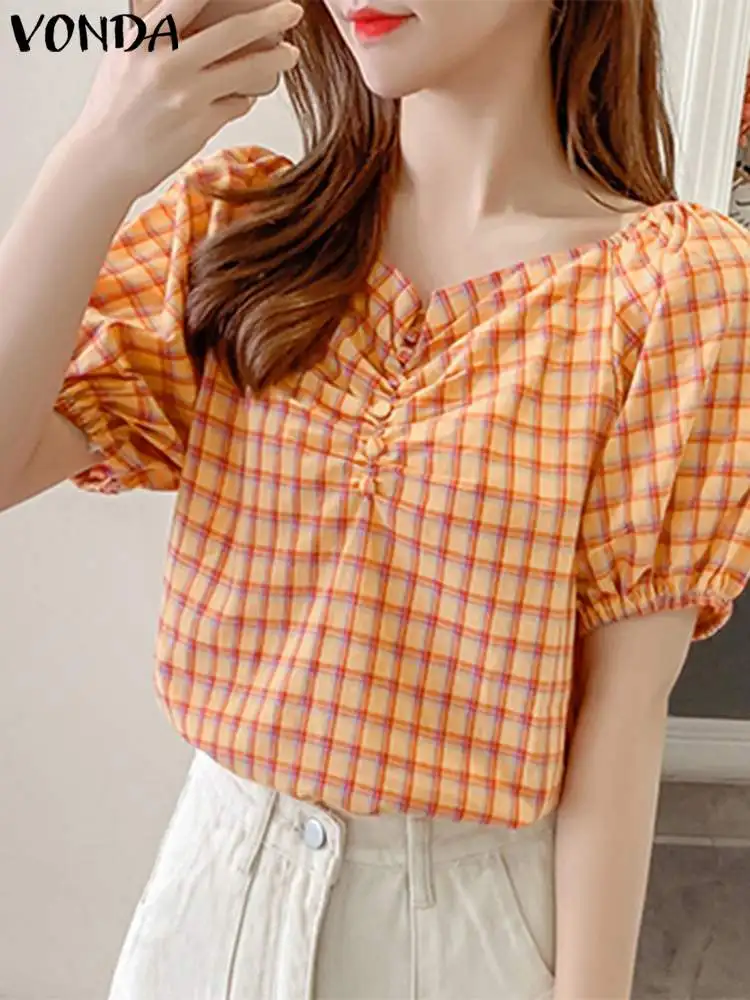 

VONDA Women Elegant Fashion Shirts 2024 Summer Plaid Printed Blouse Short Puff Sleeve V Neck Tops Casual Loose Blusas Femininas