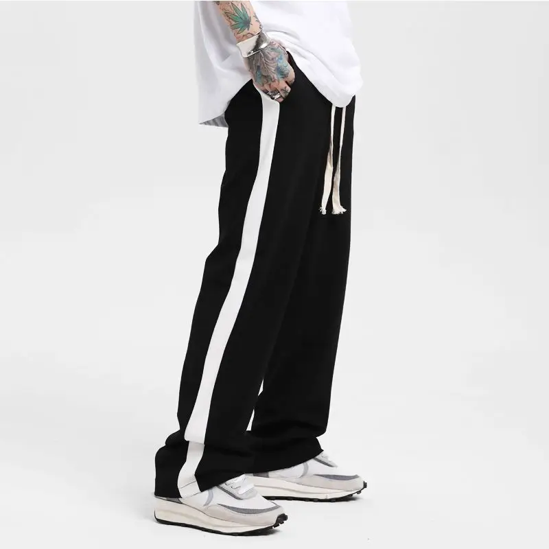Korean Fashion Men Clothing Harajuku Straight Pants Spring Autumn New Streetwear Casual Contrast Striped Loose Wide Leg Trousers