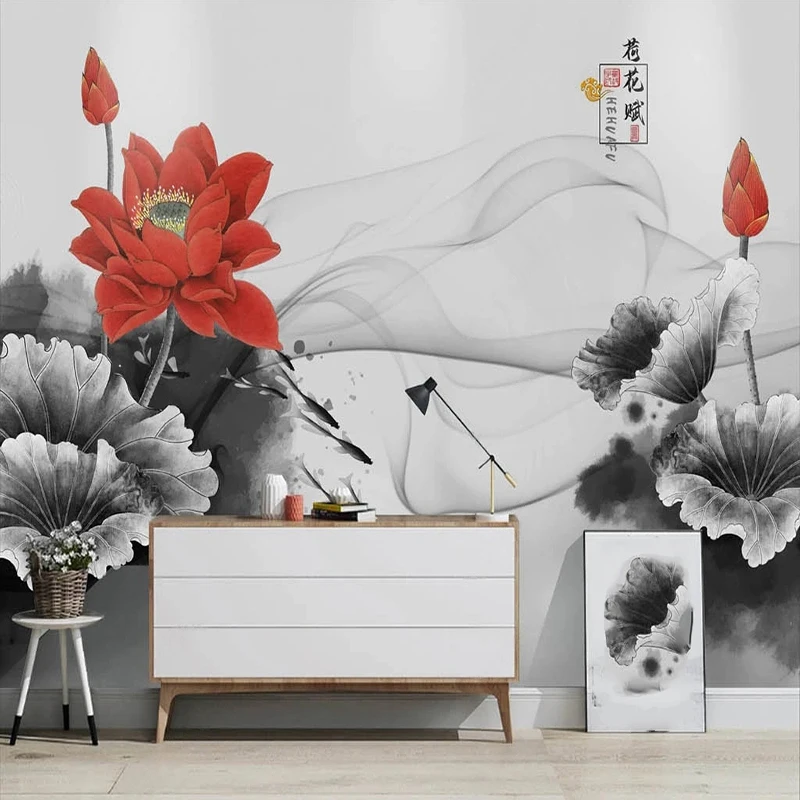 New Chinese Style Smoke Ink Red Lotus Background Wallpaper Home Decor Art Wall Mural Bedroom Living Room Photo Designs Supplies 3d adhesive wallpaper waterproof wallpaper with noise reduction renters wall decor supplies for living room children s room