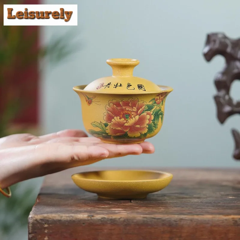 170ml Yixing Purple Clay Peony Pattern Gaiwan Luxury Tea Tureen Tea Bowl With Lid Kit Tea Maker Cover Bowl Kung Fu Tea Set Craft